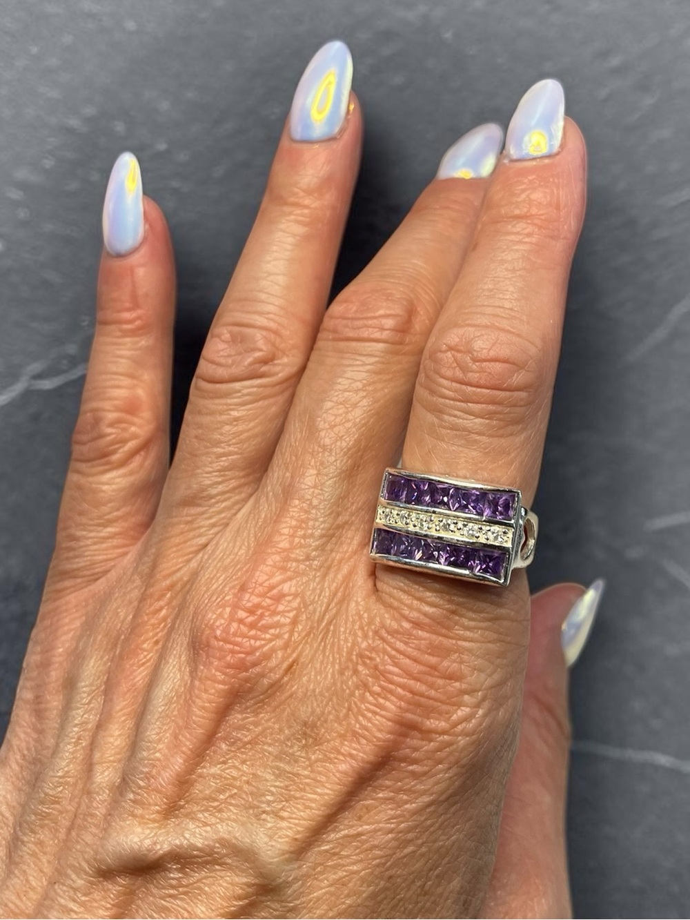 Highly Polished Silver Tone Wide Band Ring Purple Channel Set Crystal Size 8
